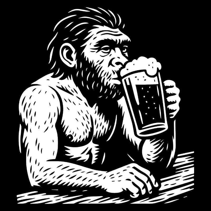 Homo erectus trinkt Bier in der Kneipe