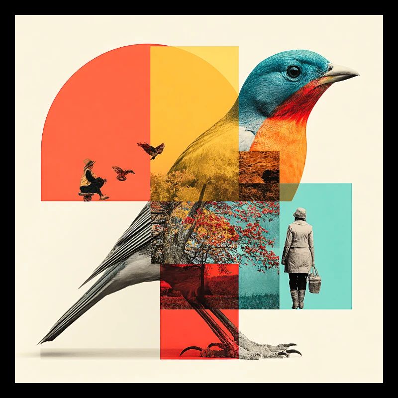 Gestaltwandelnder Vogel in bunter Collage