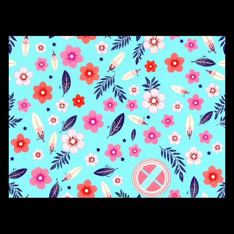 Blumenmuster mit Surfbrettern auf Himmelblau