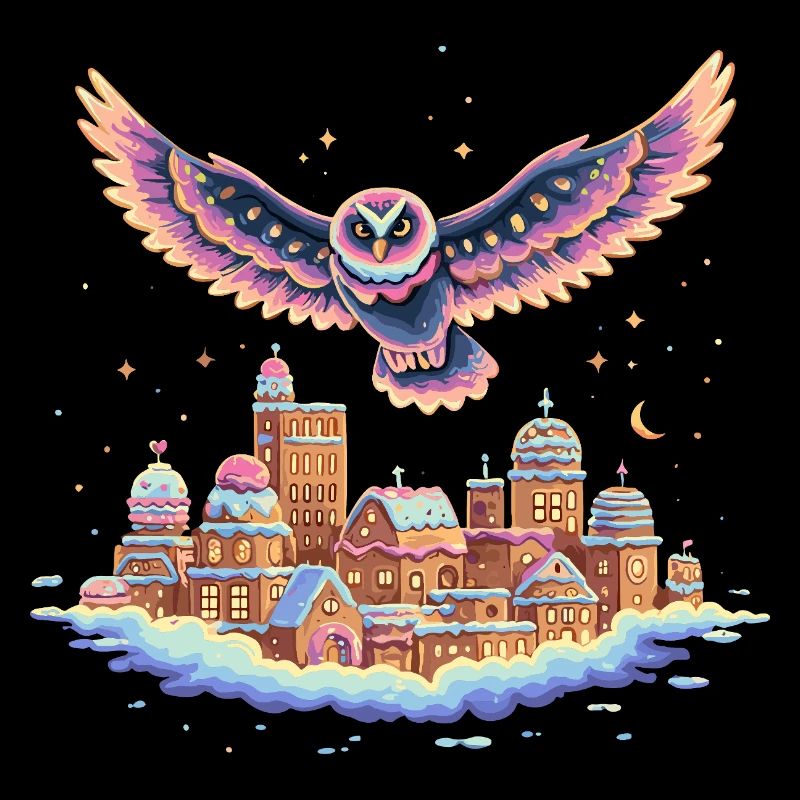 Pastel owl flight over cloud city