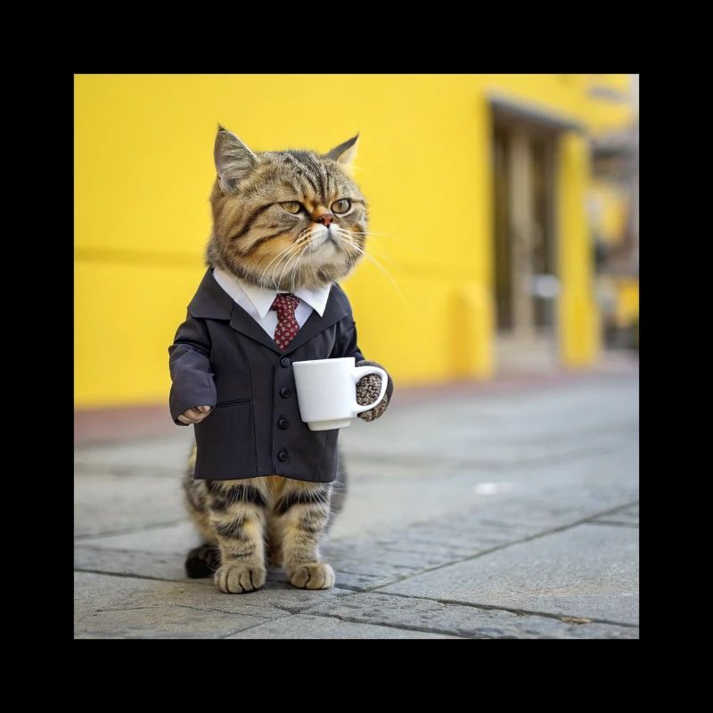 Funny Business Cat in Suit Drinking Coffee Meme