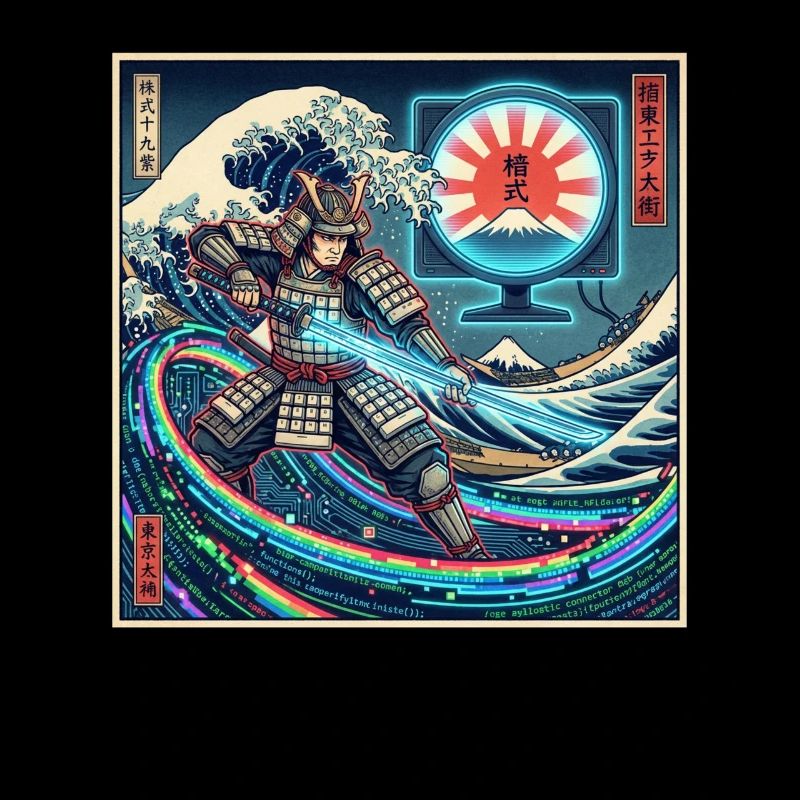 Cyber Samurai 模式 devant les vagues et Fuji