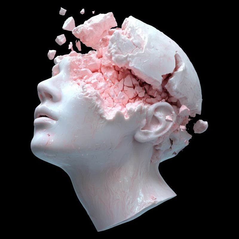 Decaying head, inner thoughts as debris