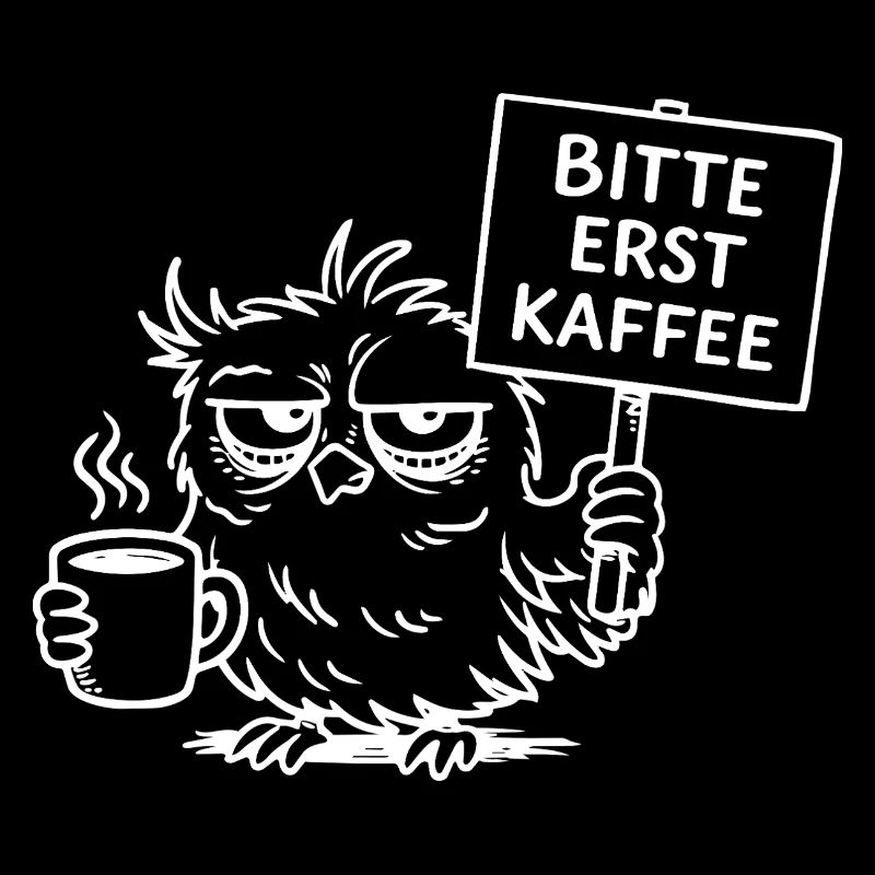 Bitte erst Kaffee – Müde Eule mit Kaffeetasse