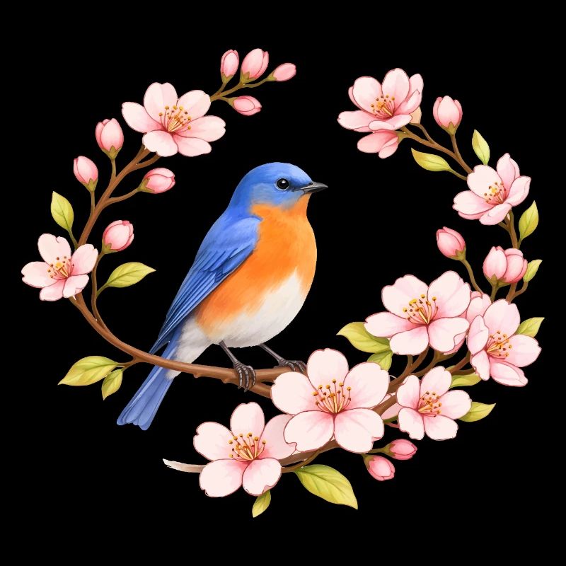 Bluebird with cherry blossom spring motif