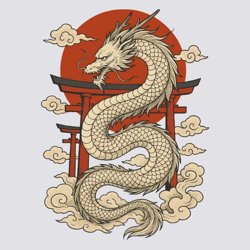 Japanischer Drache mit Torii und roter Sonne