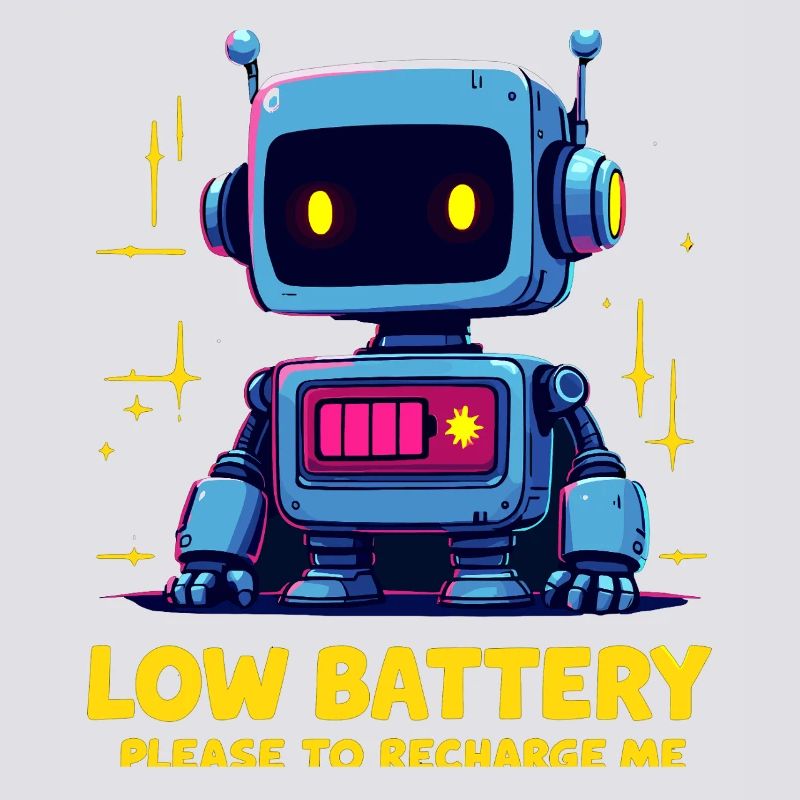 Futuristic Robot with Low Battery Message