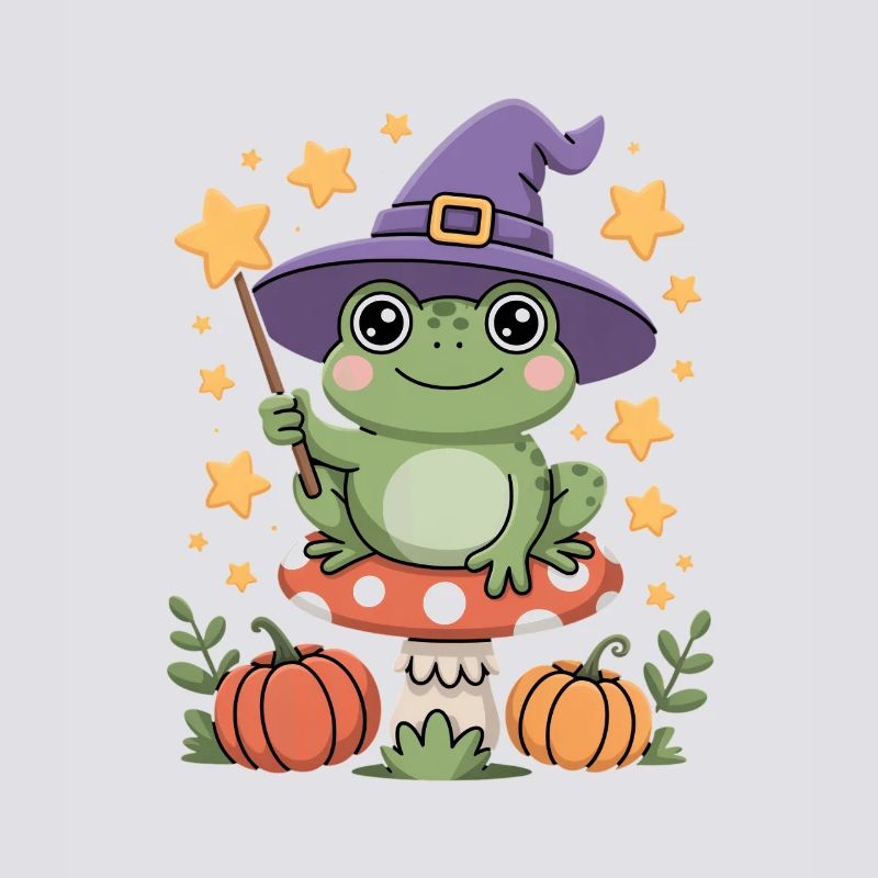 Cute witch frog on toadstool with magic wand
