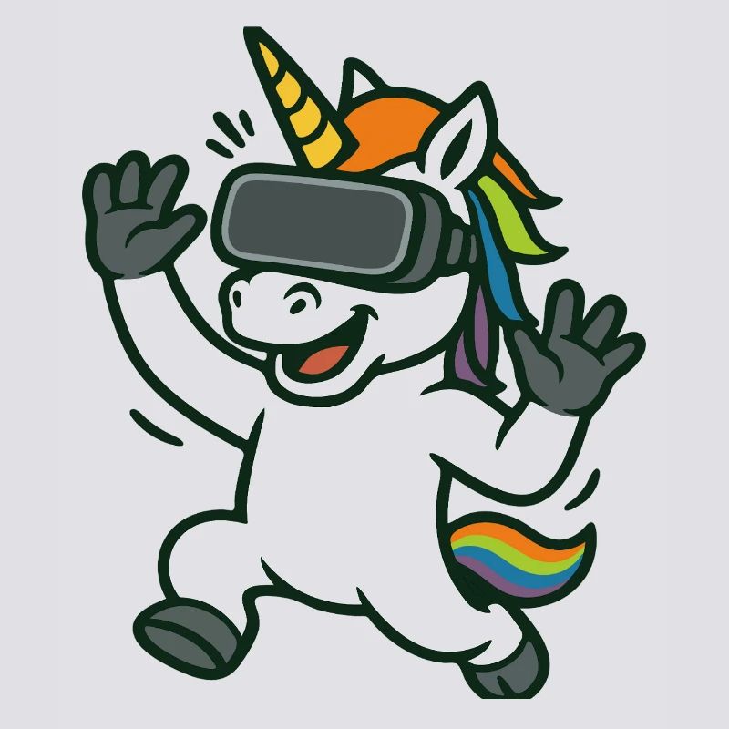 VR-Einhorn-Maskottchen mit Regenbogendetails