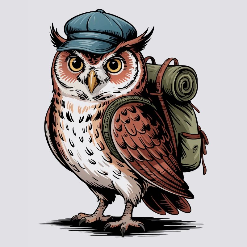 Wandernde Eule mit Rucksack