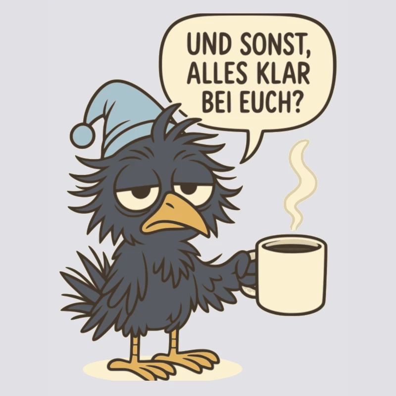 Grumpy corvid with coffee cup