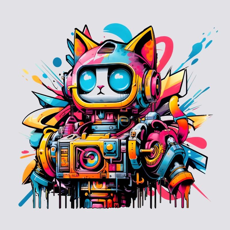 Chat conçu comme un robot dans le style graffiti de la bande dessinée