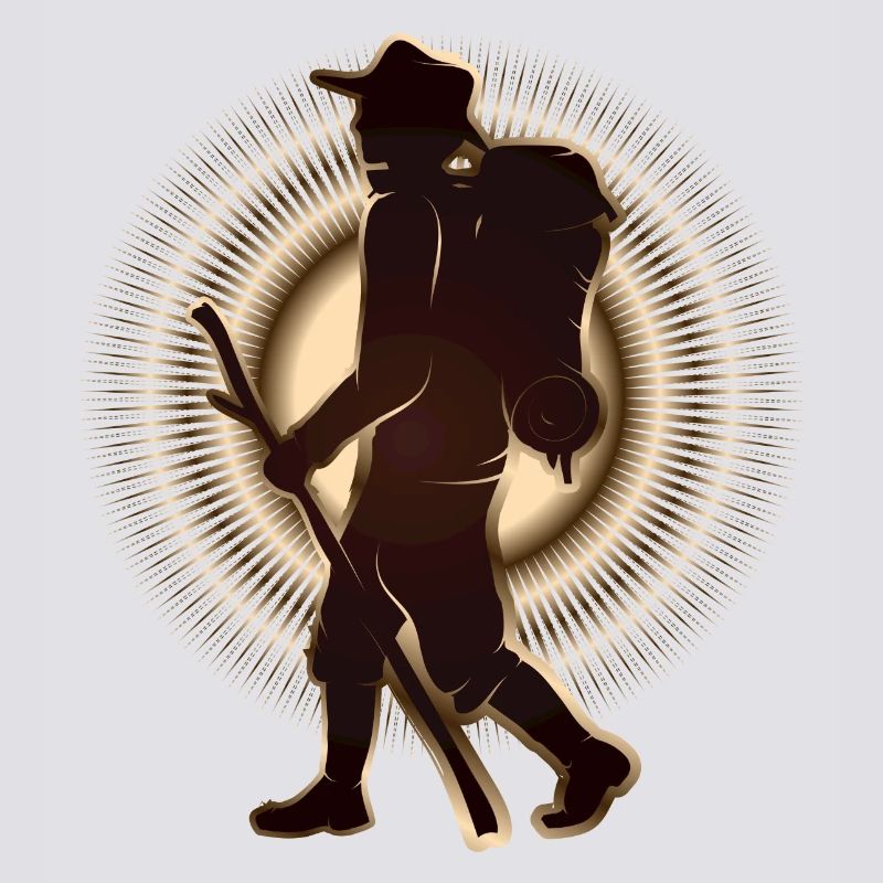 Pilgrim or hiker with walking stick & backpack