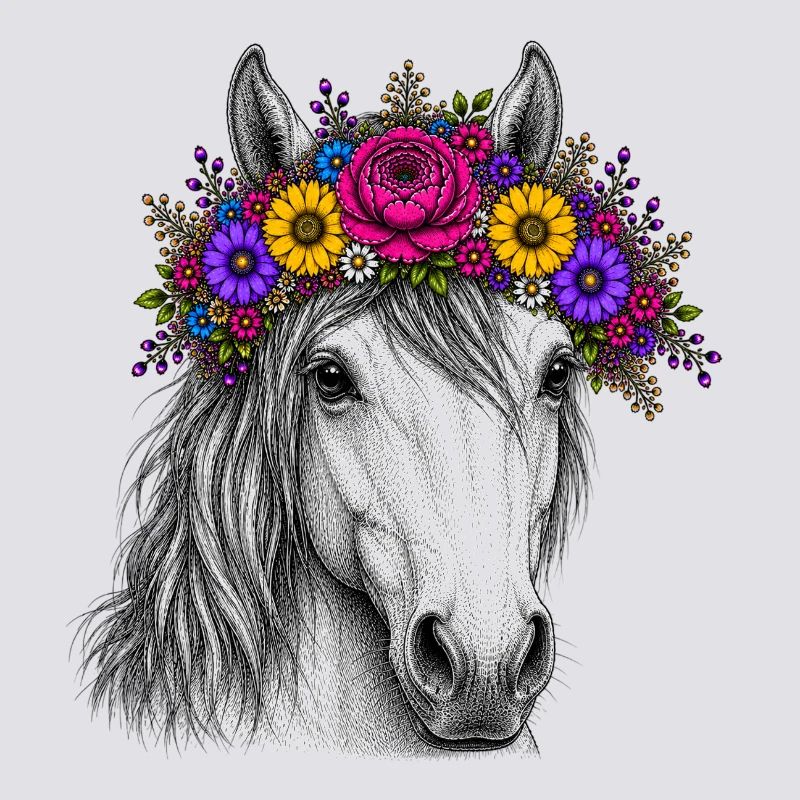 Cheval avec une couronne de fleurs