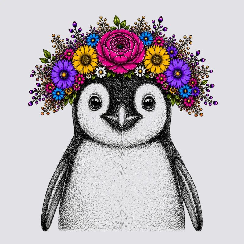 Pinguin mit Blumenkrone