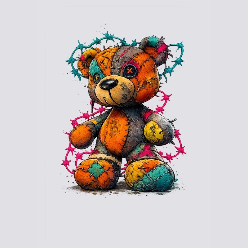 Patchwork teddy bear with neon threads