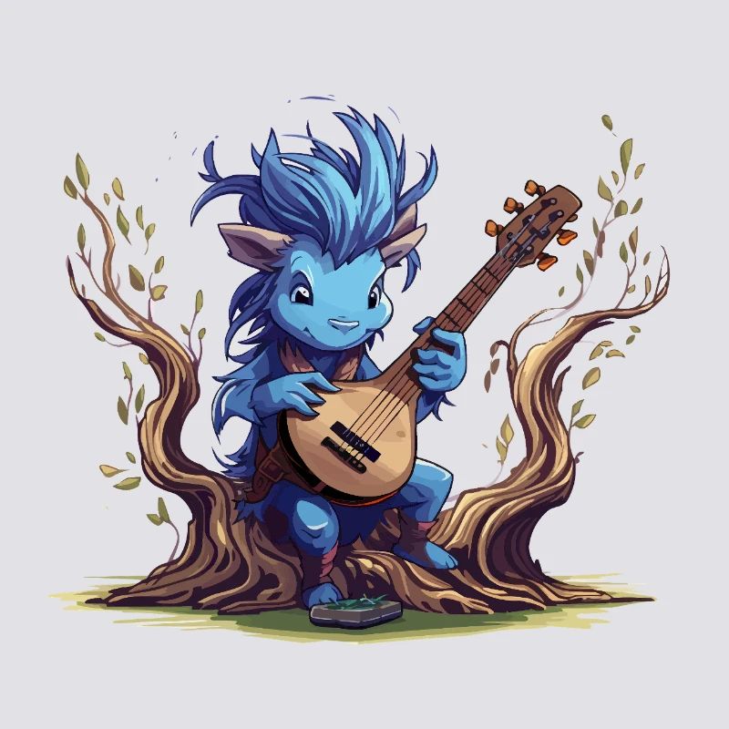 Lutin bleu avec luth dans la forêt