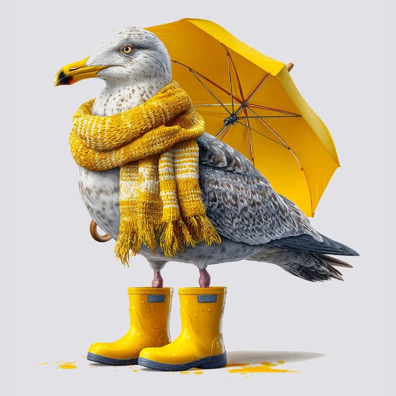 Seagull with yellow umbrella and boots