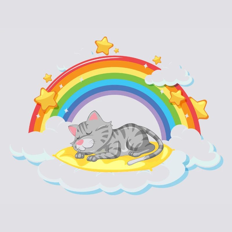 Träumende Katze auf der Regenbogenwolke