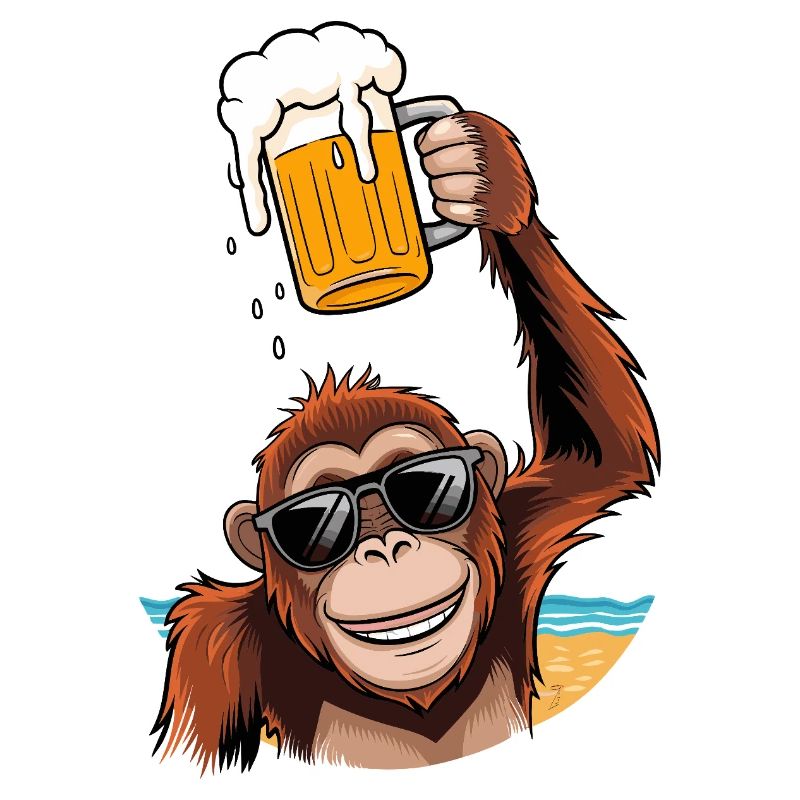 Funny monkey with beer mug on the beach party monkey