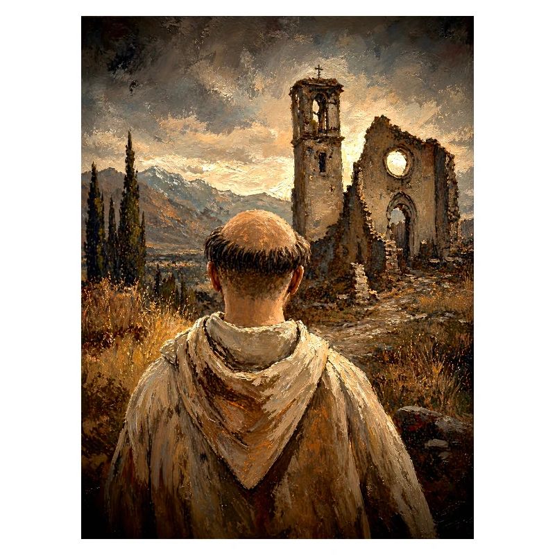 Moine devant les ruines au coucher du soleil
