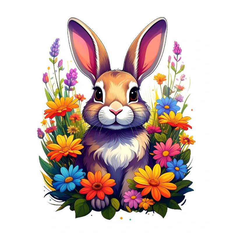 Ein Hase oder Kaninchen zwischen bunten Blumen