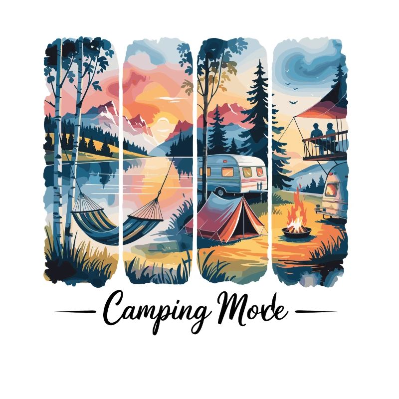 Lakeside camping at sunset with campfire