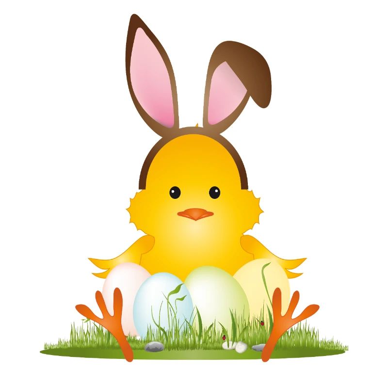Cute Easter chick with bunny ears & Easter eggs