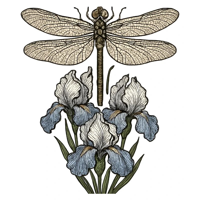 Libellule sur fleurs d’iris