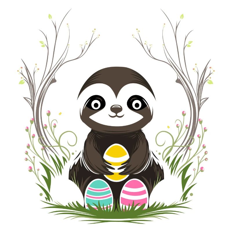 Easter Sloth with Easter Eggs in Spring