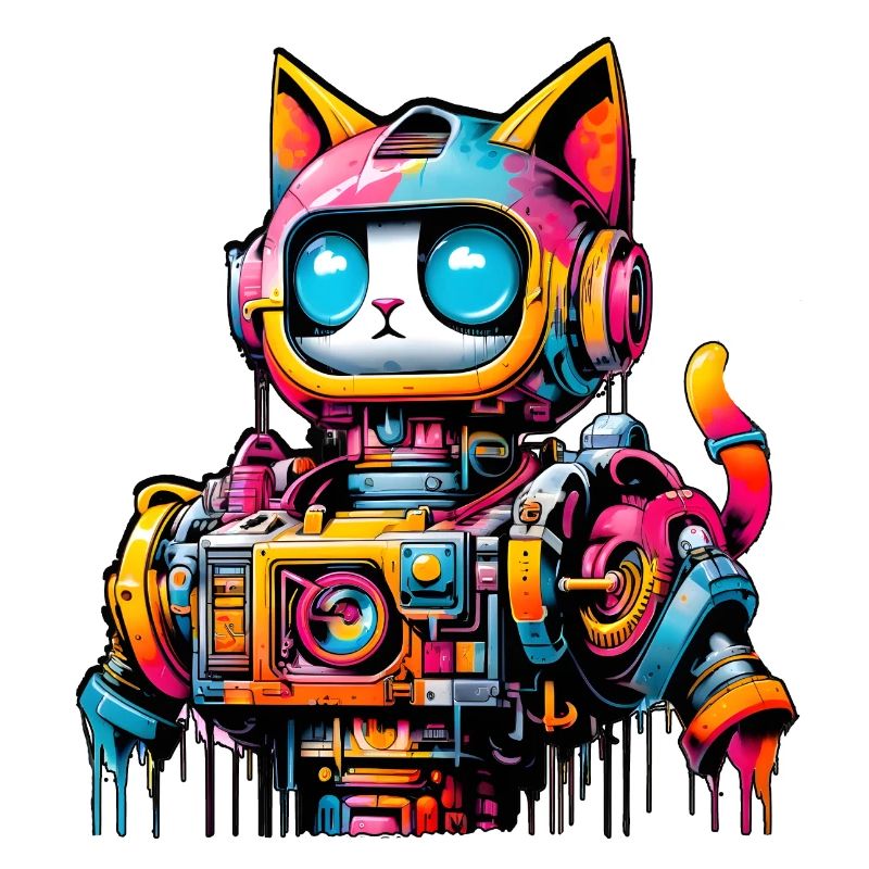 Chat conçu comme un robot dans le style graffiti de la bande dessinée