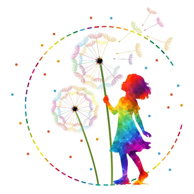 Regenbogen Mädchen mit Pusteblume