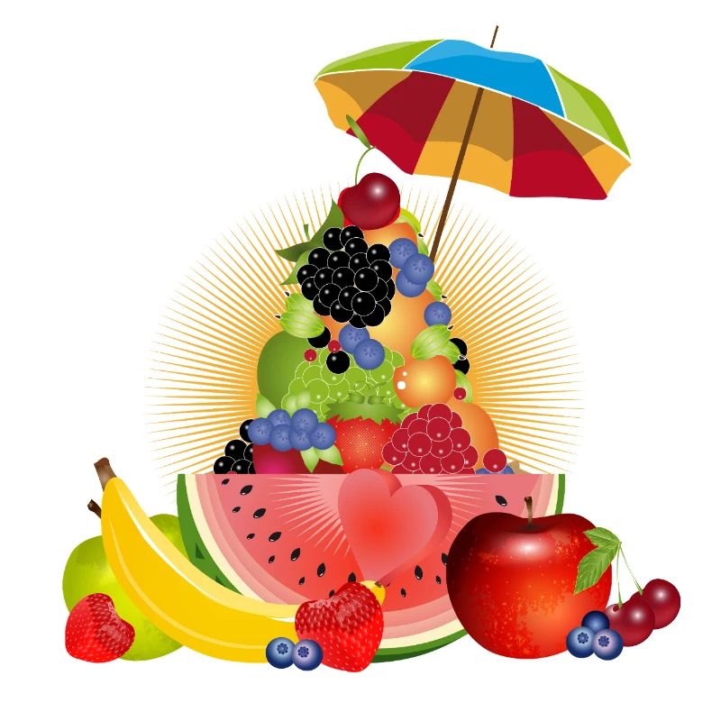 Pyramide de fruits colorée avec pastèque et parapluie