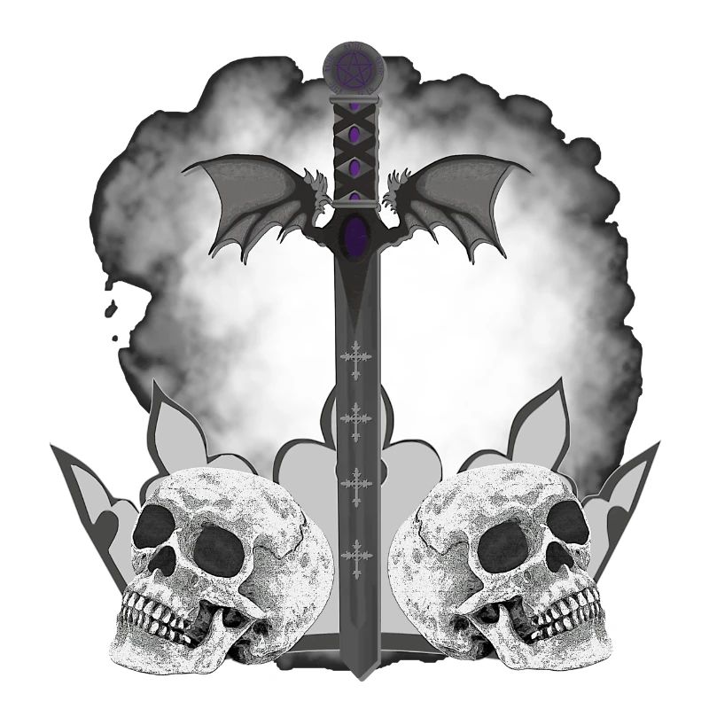 Menschenschädel, Schwerter, Dämonenflügel, vanitas
