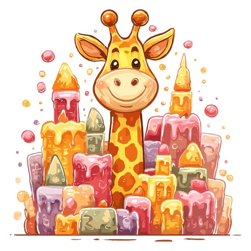 Girafe colorée devant des châteaux de bougies