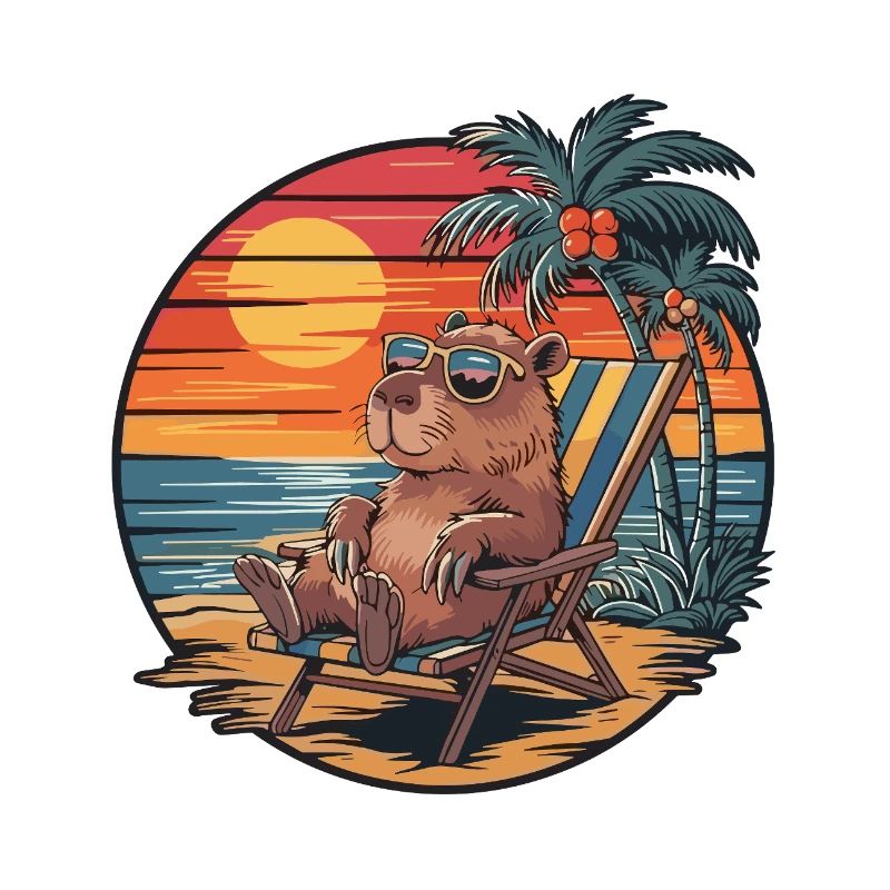 Funny Capybara on Beach Summer Vacation Sunset