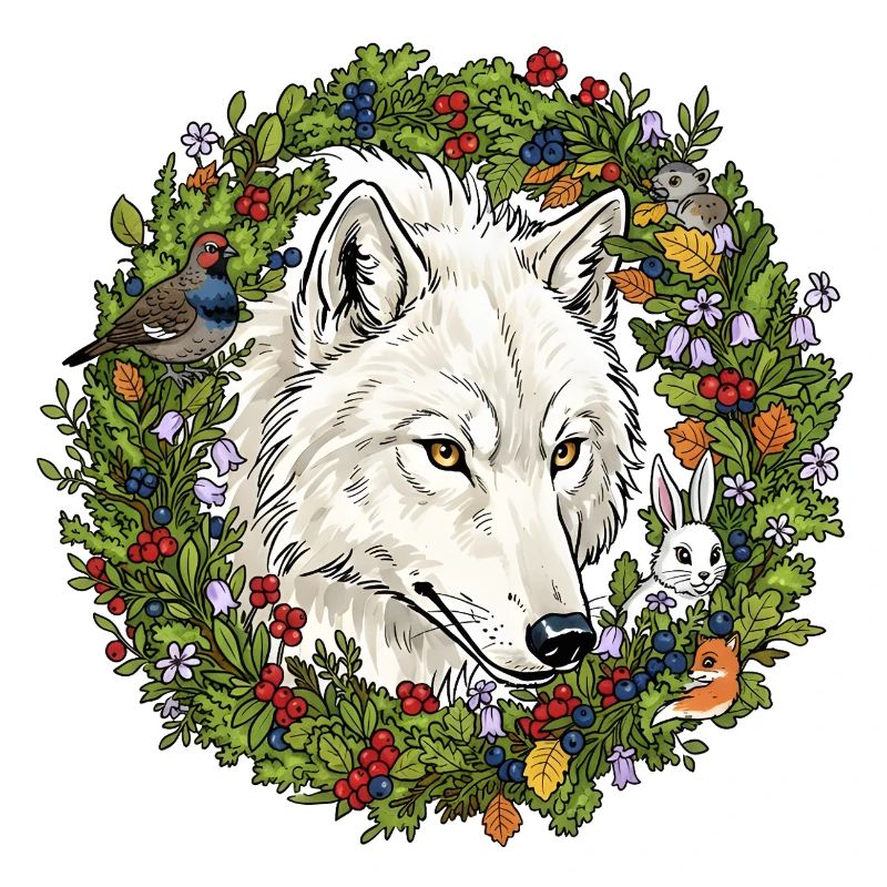 Loup blanc de la forêt dans une couronne de fleurs
