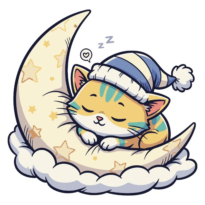 Moon cat dreaming on starry moon