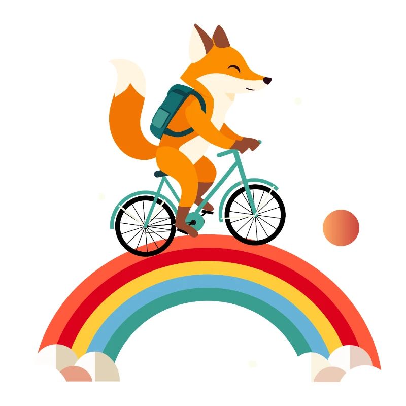 Cheerful fox on bicycle over rainbow