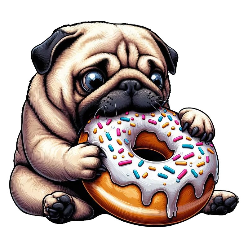 Carlin mignon avec beignet dessin animé Snacking drôle