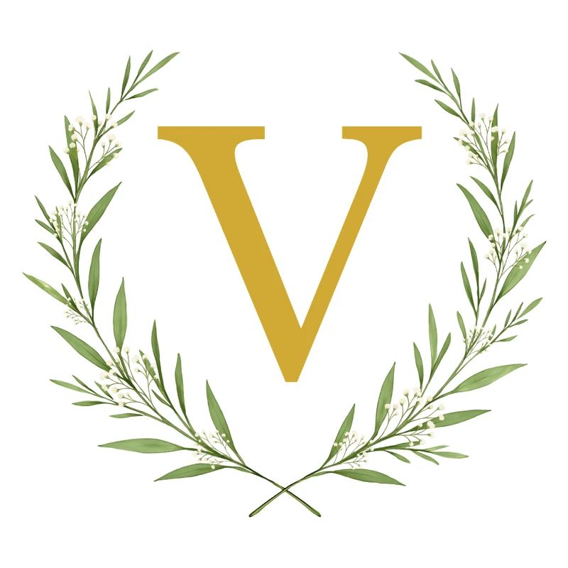 V Monogramm, Eukalyptus Kranz, personalisierbar