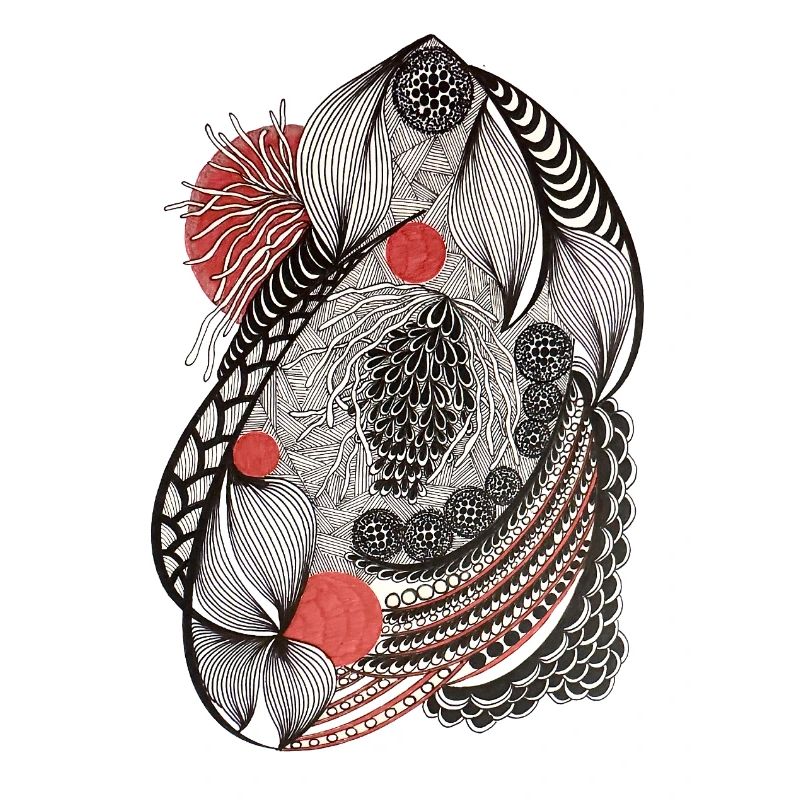 Line flowers pattern with red accent