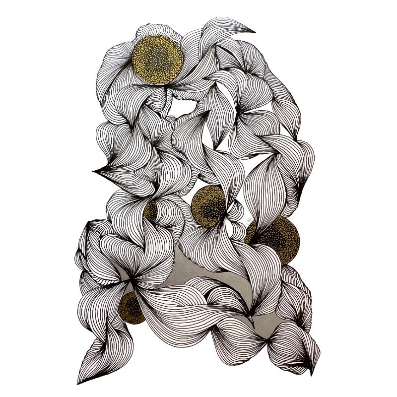 Des fleurs noires et blanches avec un centre doré