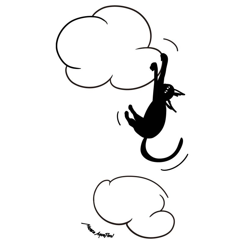 Schwarze Katze hängt an einer Wolke.