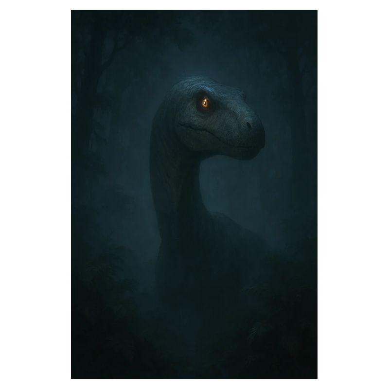 Dino in cloud forest with glowing eye