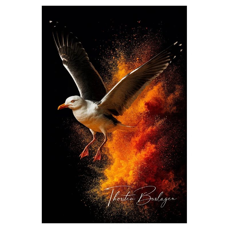 Seagull flight in front of fire dust