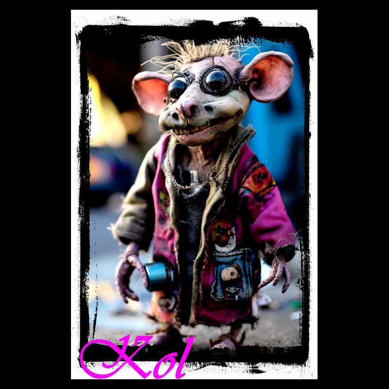 Bizarre mouse puppet as a punk with sunglasses