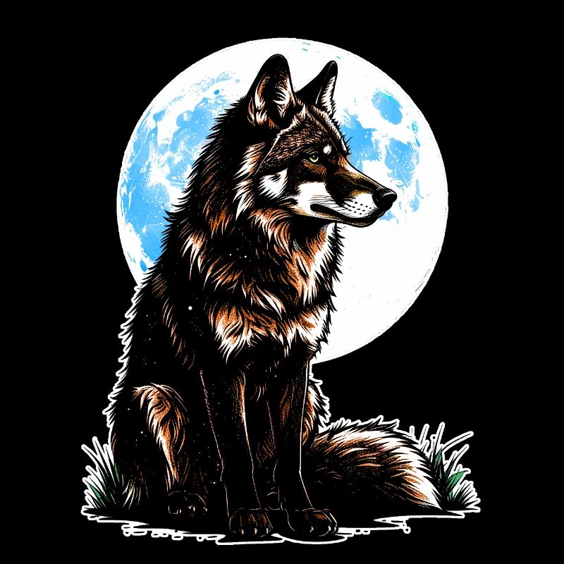Un loup devant une lune bleue