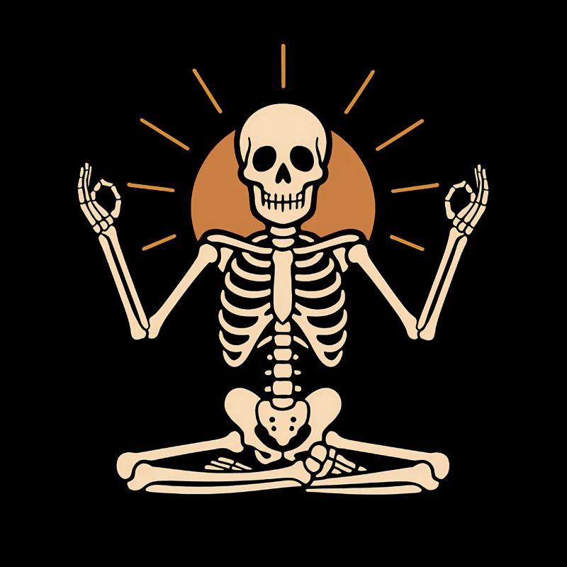 Meditating skeleton with sun circle
