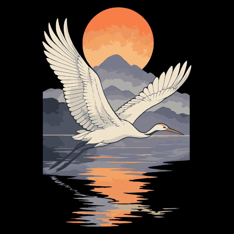 Crane Flying at Sunset Reflection